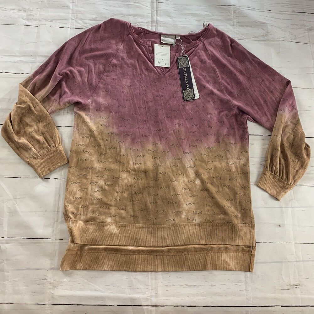Dantelle Side slit Hi Low sweatshirt Large sporty Tie Dye Love Brown D190665 New